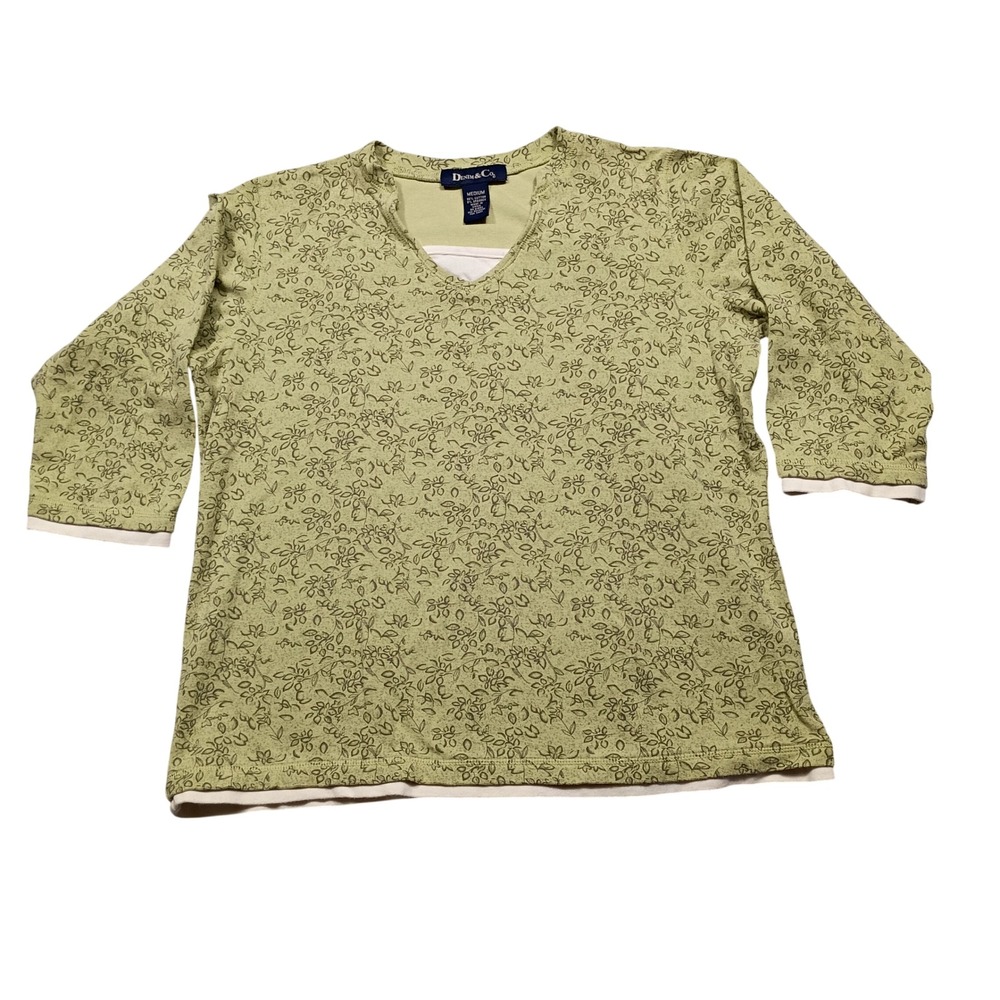 Denim & Co Top Womens Medium 3/4 Sleeve V-Neck Floral Green Layered Look Casual